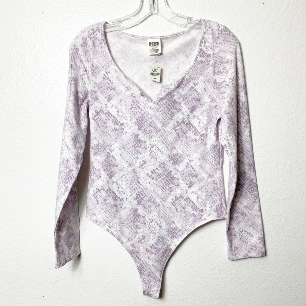 PINK Victoria's Secret Snakeskin Print Long Sleeve Bodysuit Purple Gray M NWT